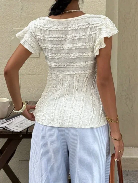 Apricot Boho Women's Ruffle Embellished Short Sleeve Top with Ruched Front - Picture 2 of 7